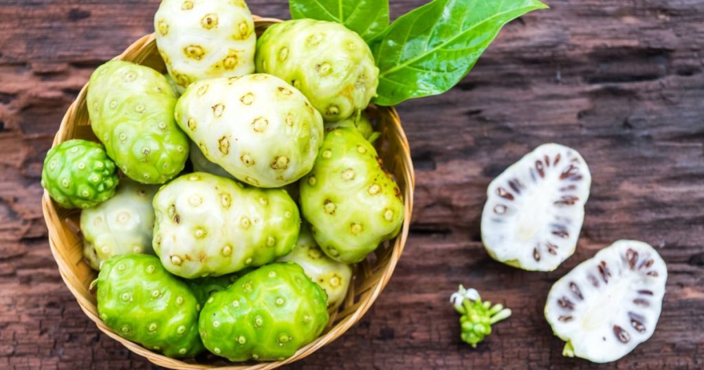 eine Schale mit den grünen Noni Früchten daneben liegt eine aufgeschnittene Frucht