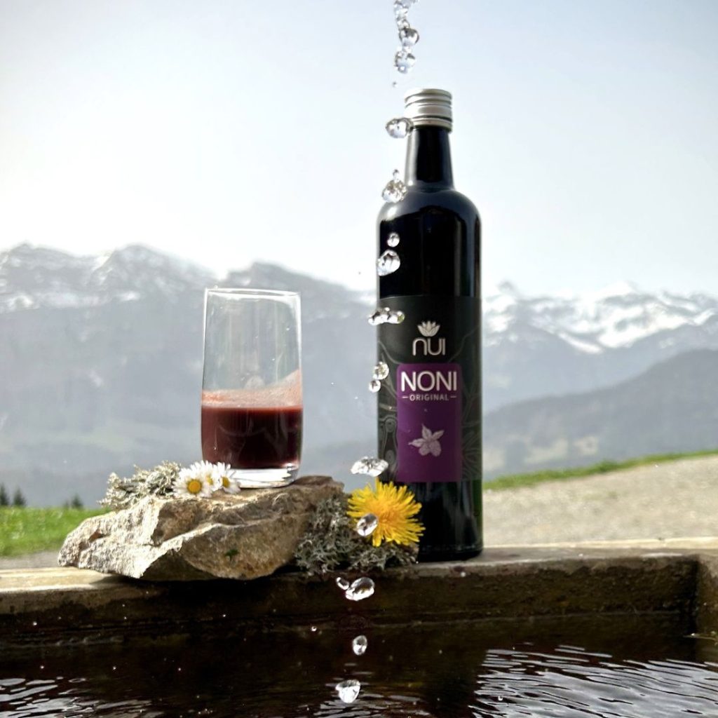 NUI NONI Original Flasche, daneben ein gefülltes Noni-Saftglas, steht an einem Brunnen im Hintergrund die Berge